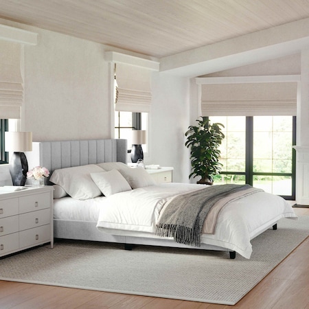 Martha Stewart Kay King Upholstered Platform Bed w/Channel Stitched Wingback Headboard/Cushioned Siderails, Gray TW-3WDB03-K-GY-MS